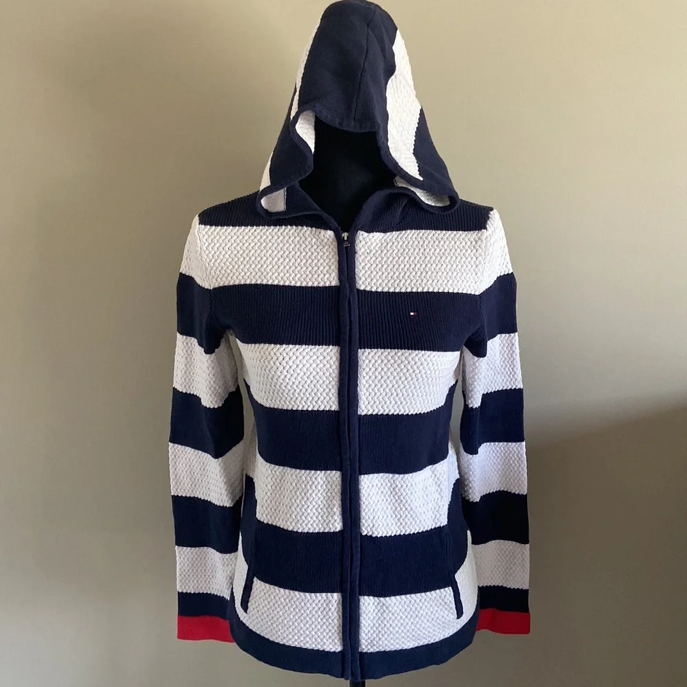 Tommy Hilfiger blue and white hoodie with pockets! Women’s size Medium.  EUC! - Picture 3 of 12